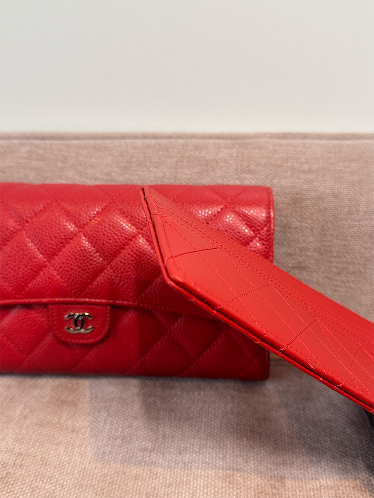 Chanel Classic Quilted Travel Long Wallet Red Caviar Leather Silver Hardware