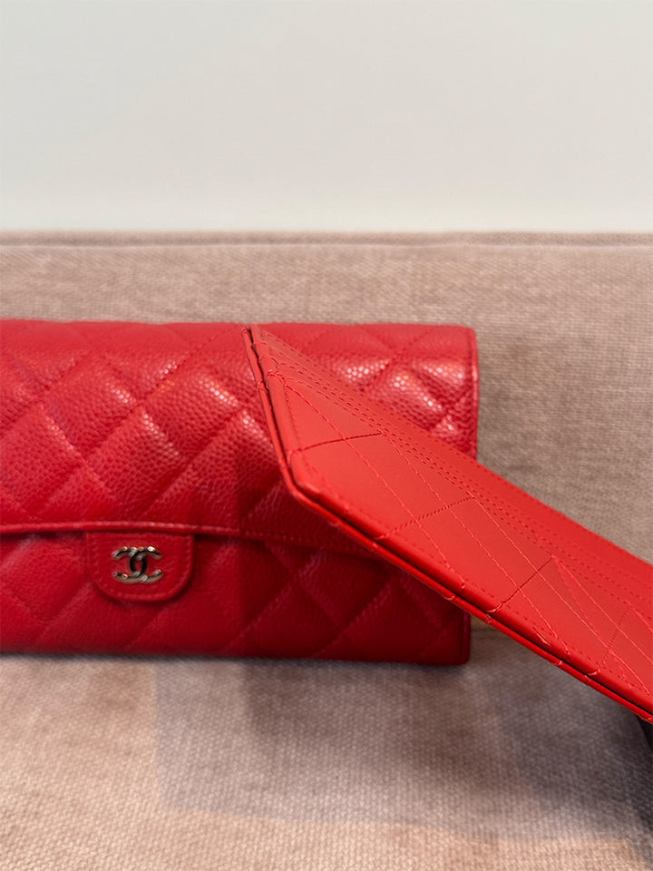 Chanel Classic Quilted Travel Long Wallet Red Caviar Leather Silver Hardware