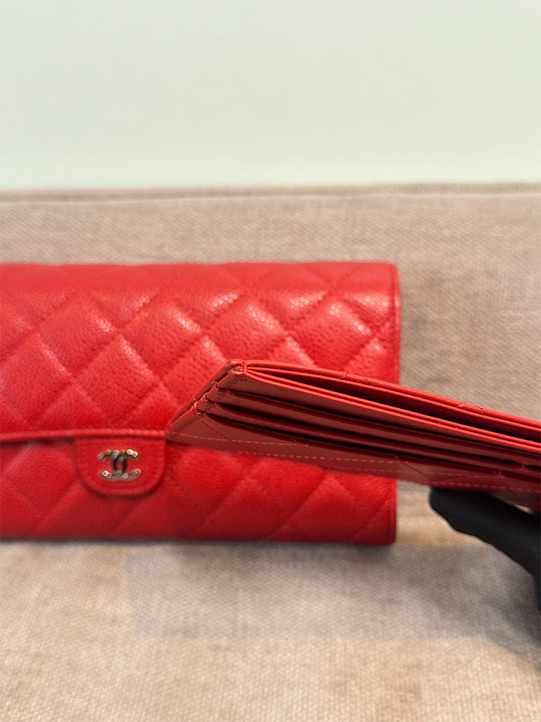 Chanel Classic Quilted Travel Long Wallet Red Caviar Leather Silver Hardware