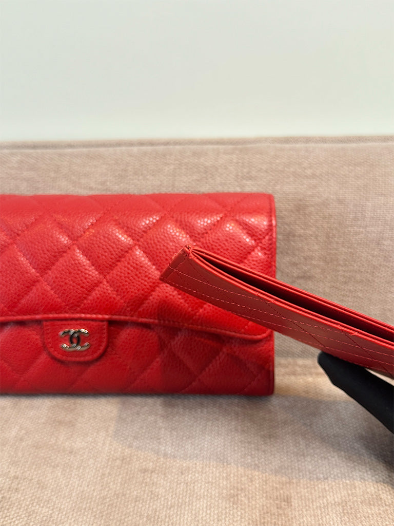 Chanel Classic Quilted Travel Long Wallet Red Caviar Leather Silver Hardware