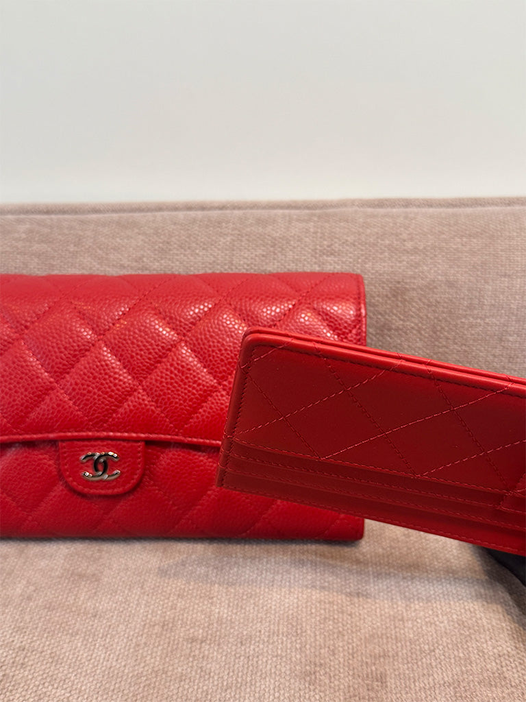 Chanel Classic Quilted Travel Long Wallet Red Caviar Leather Silver Hardware