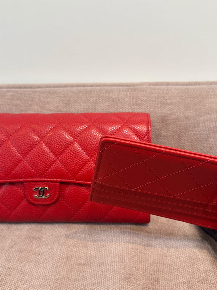 Chanel Classic Quilted Travel Long Wallet Red Caviar Leather Silver Hardware
