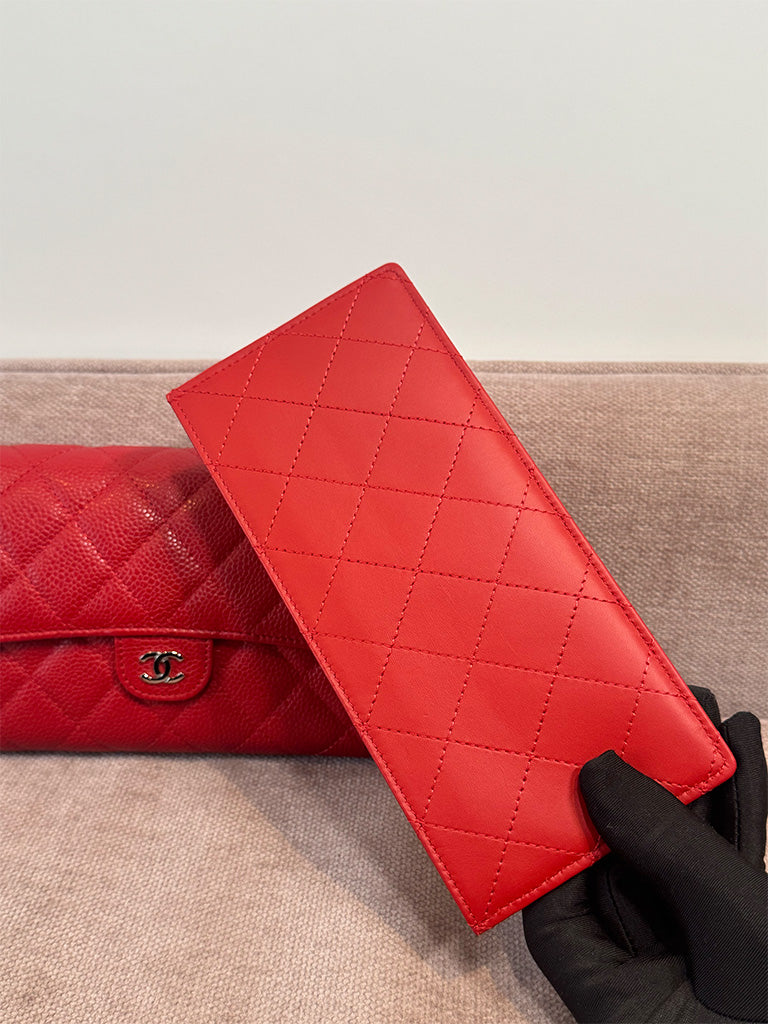 Chanel Classic Quilted Travel Long Wallet Red Caviar Leather Silver Hardware