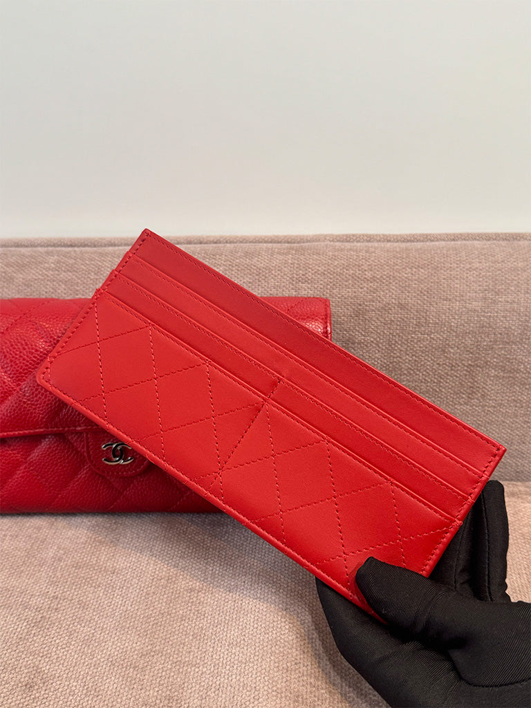 Chanel Classic Quilted Travel Long Wallet Red Caviar Leather Silver Hardware
