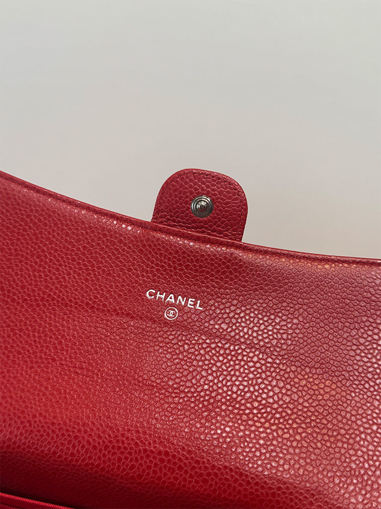 Chanel Classic Quilted Travel Long Wallet Red Caviar Leather Silver Hardware