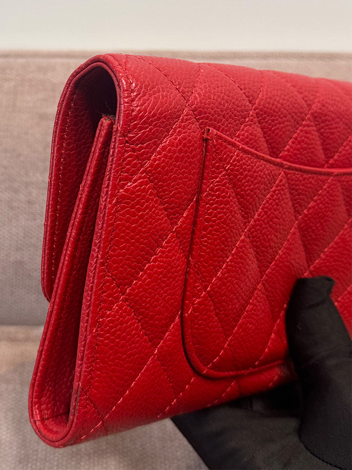 Chanel Classic Quilted Travel Long Wallet Red Caviar Leather Silver Hardware