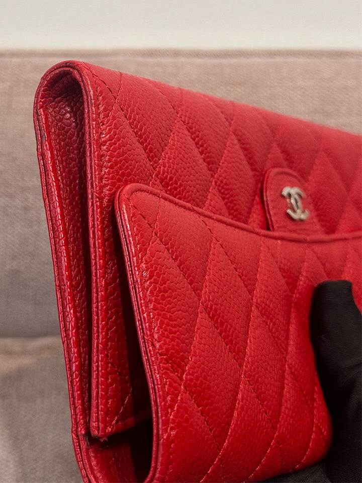 Chanel Classic Quilted Travel Long Wallet Red Caviar Leather Silver Hardware