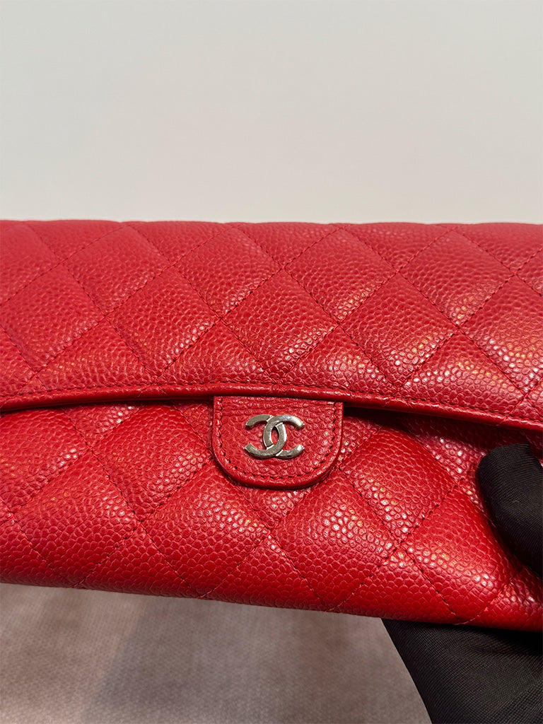Chanel Classic Quilted Travel Long Wallet Red Caviar Leather Silver Hardware