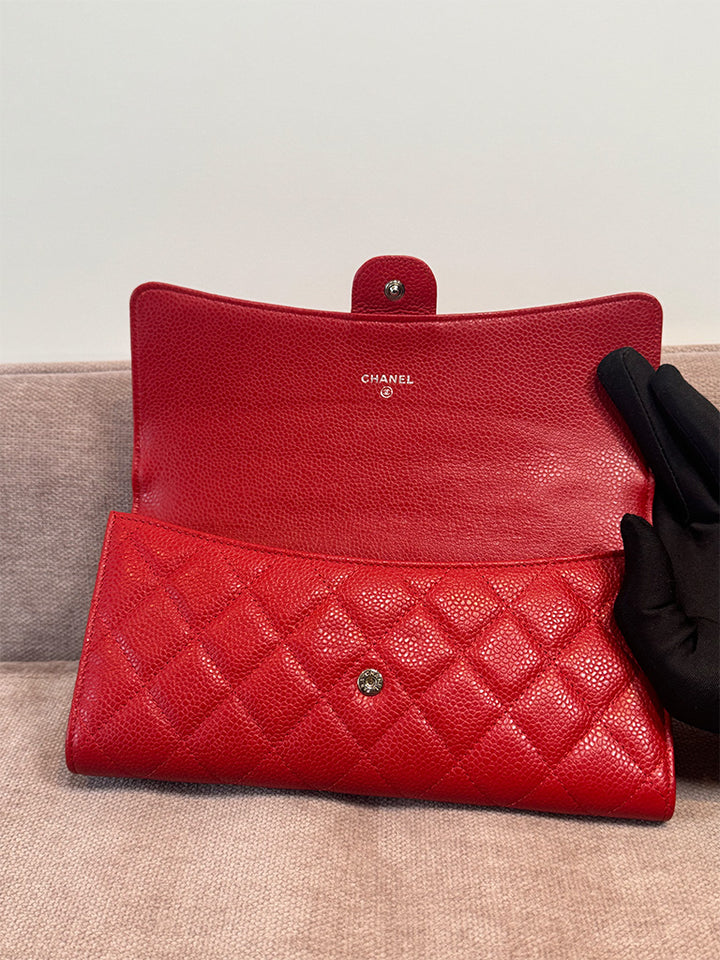 Chanel Classic Quilted Travel Long Wallet Red Caviar Leather Silver Hardware
