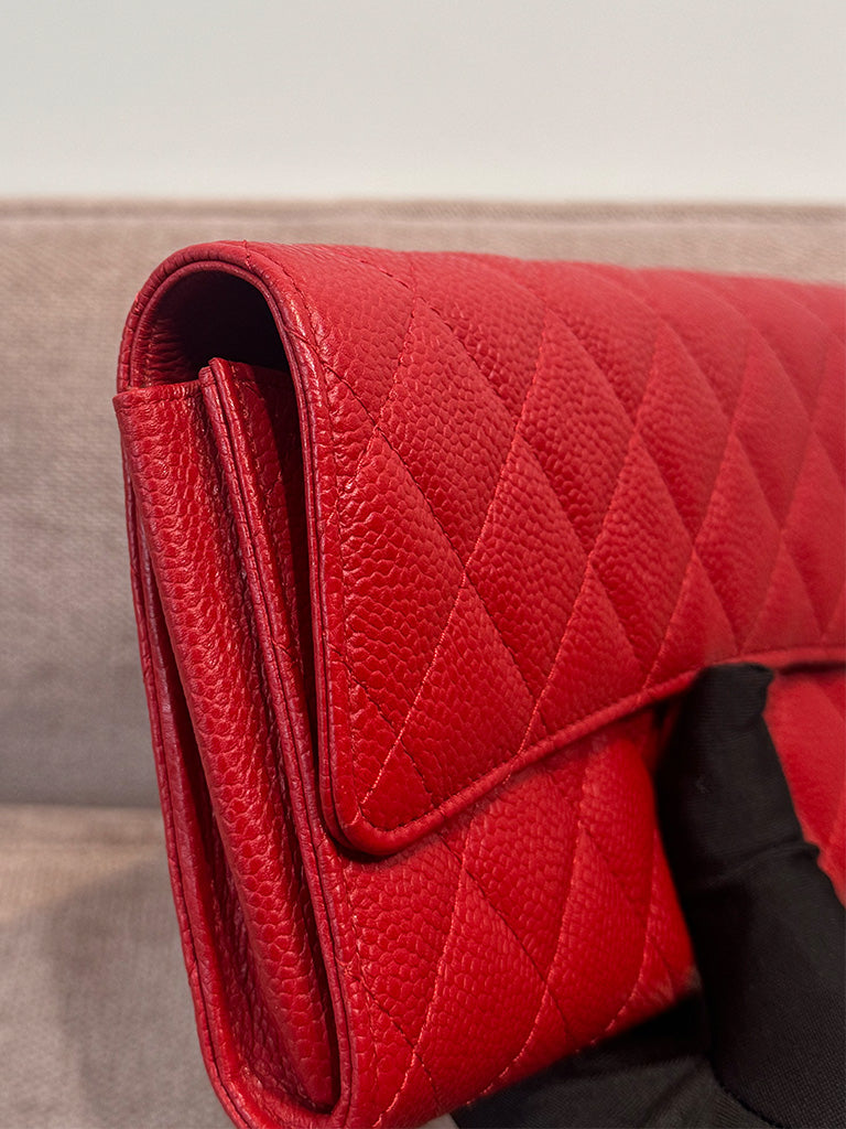 Chanel Classic Quilted Travel Long Wallet Red Caviar Leather Silver Hardware