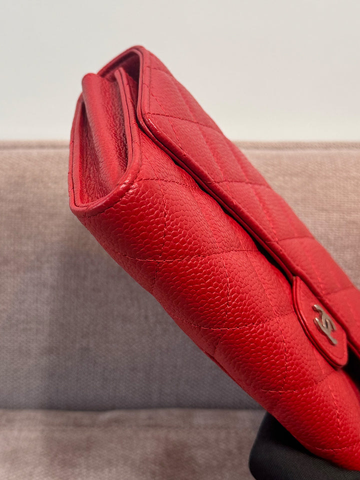 Chanel Classic Quilted Travel Long Wallet Red Caviar Leather Silver Hardware