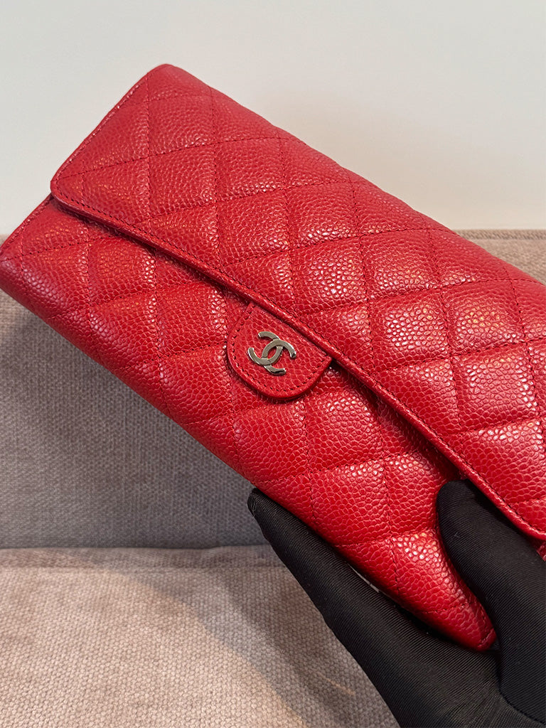Chanel Classic Quilted Travel Long Wallet Red Caviar Leather Silver Hardware
