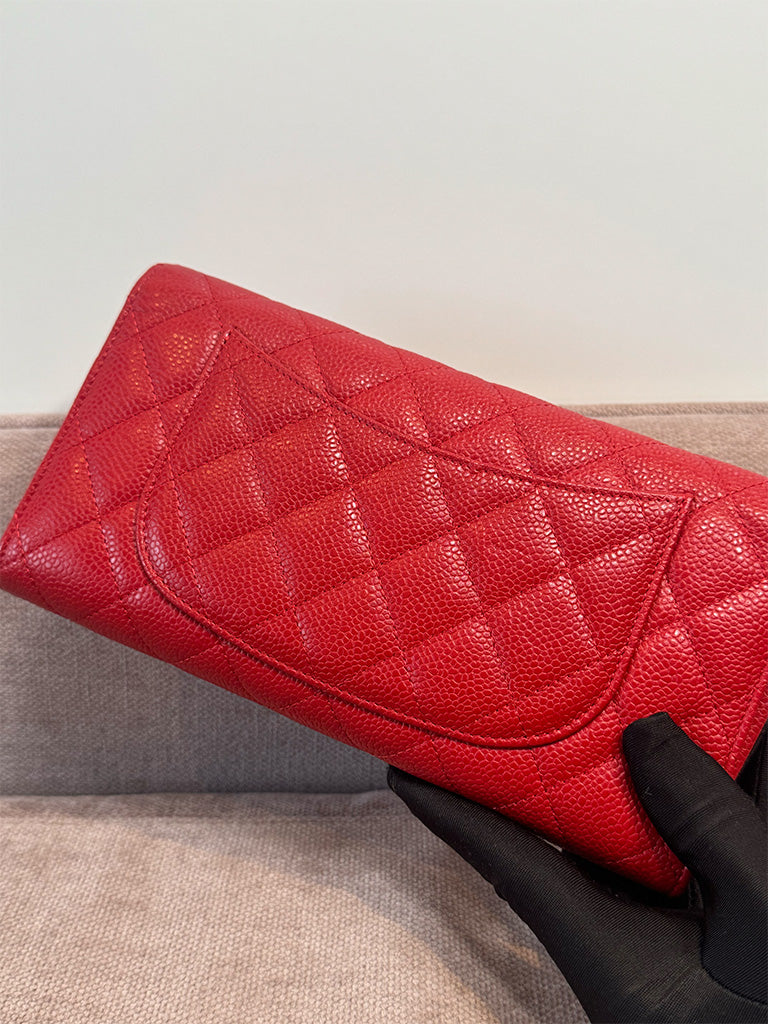 Chanel Classic Quilted Travel Long Wallet Red Caviar Leather Silver Hardware