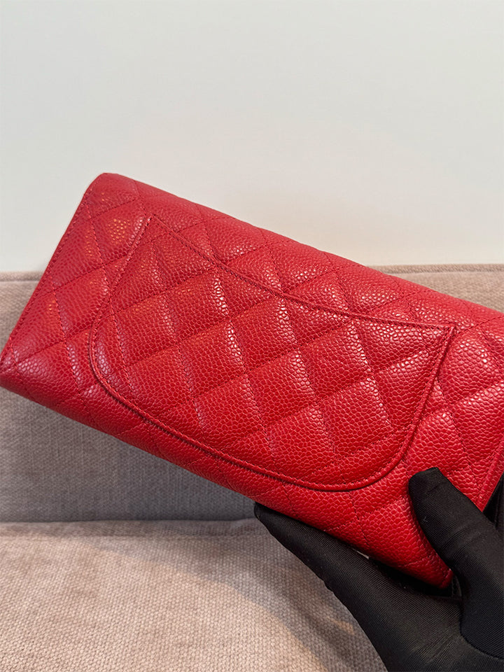 Chanel Classic Quilted Travel Long Wallet Red Caviar Leather Silver Hardware