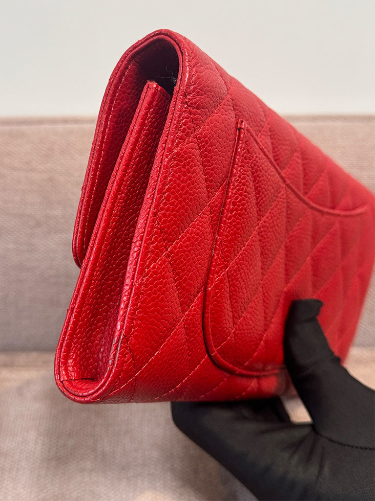 Chanel Classic Quilted Travel Long Wallet Red Caviar Leather Silver Hardware