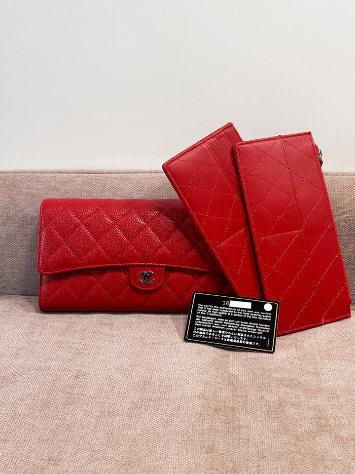 Chanel Classic Quilted Travel Long Wallet Red Caviar Leather Silver Hardware