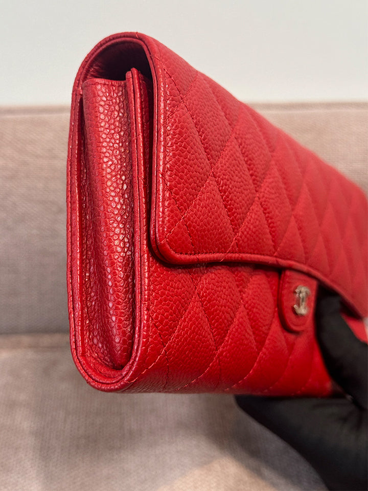 Chanel Classic Quilted Travel Long Wallet Red Caviar Leather Silver Hardware