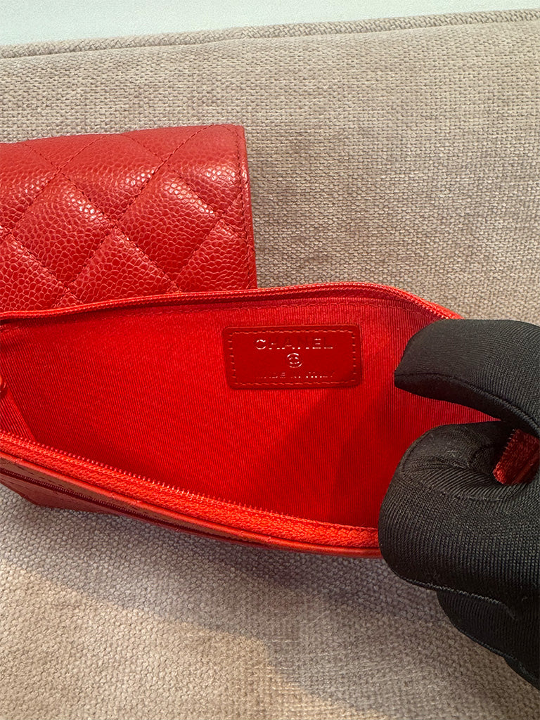 Chanel Classic Quilted Travel Long Wallet Red Caviar Leather Silver Hardware