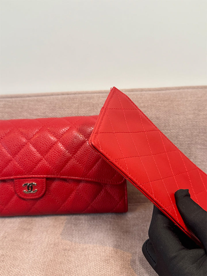 Chanel Classic Quilted Travel Long Wallet Red Caviar Leather Silver Hardware