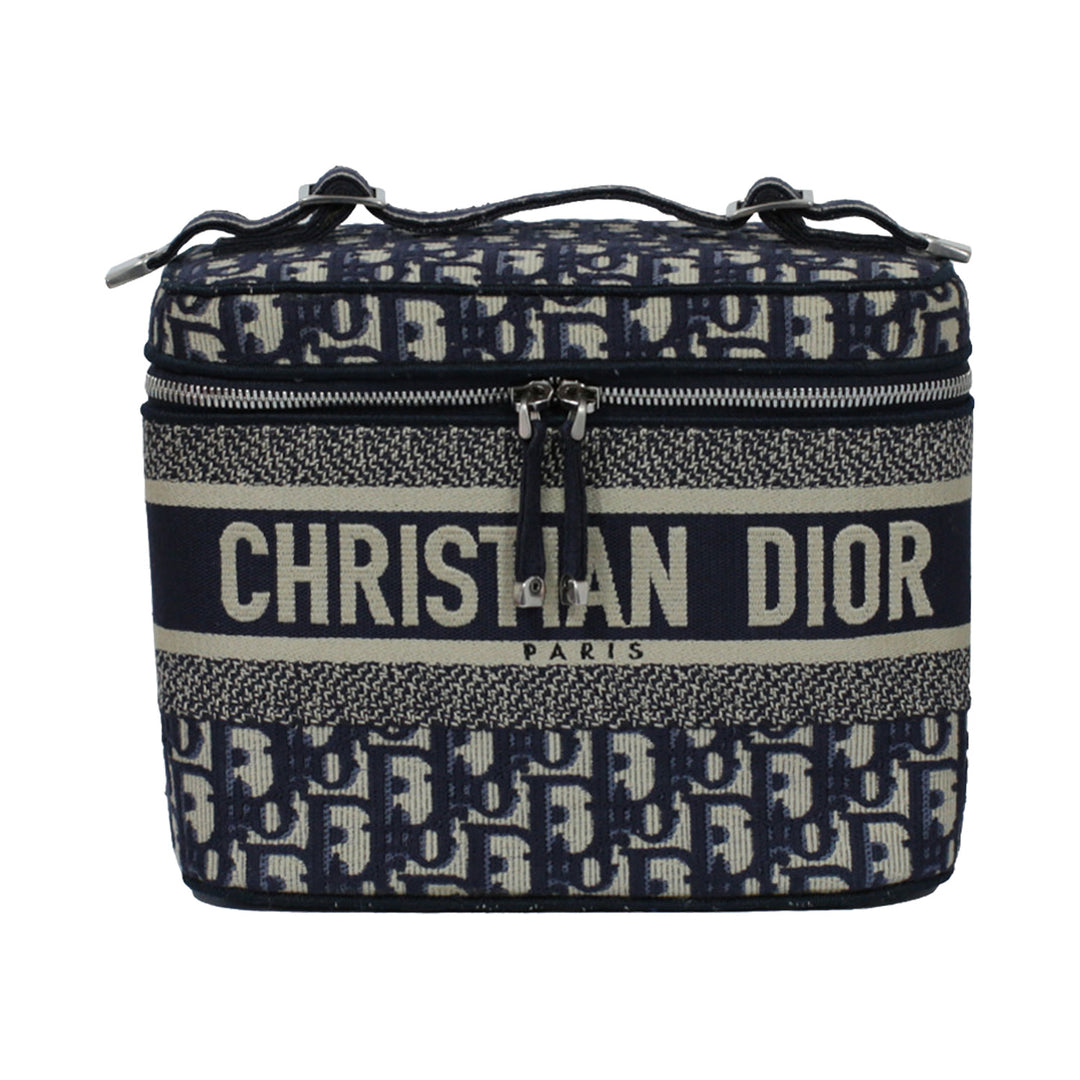 Dior Diortravel Vanity Case Blue Oblique Embroidered Canvas Silver Hardware