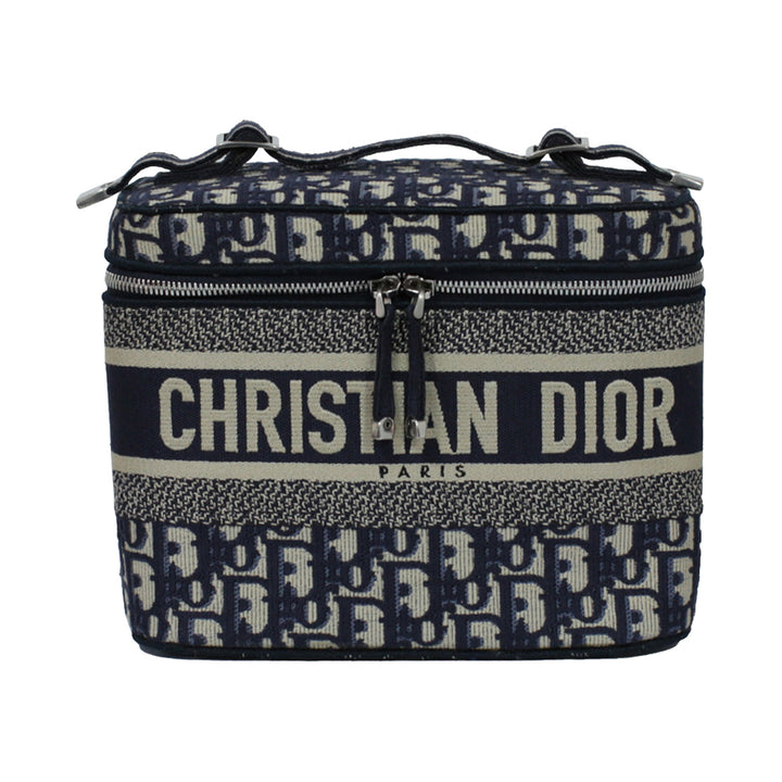 Dior Diortravel Vanity Case Blue Oblique Embroidered Canvas Silver Hardware
