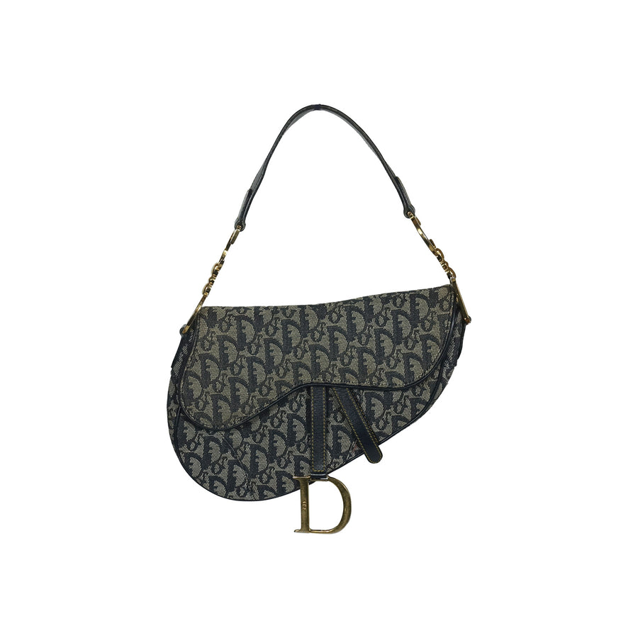 Christian Dior Navy Monogram Canvas Saddle Bag with Gold Hardware.