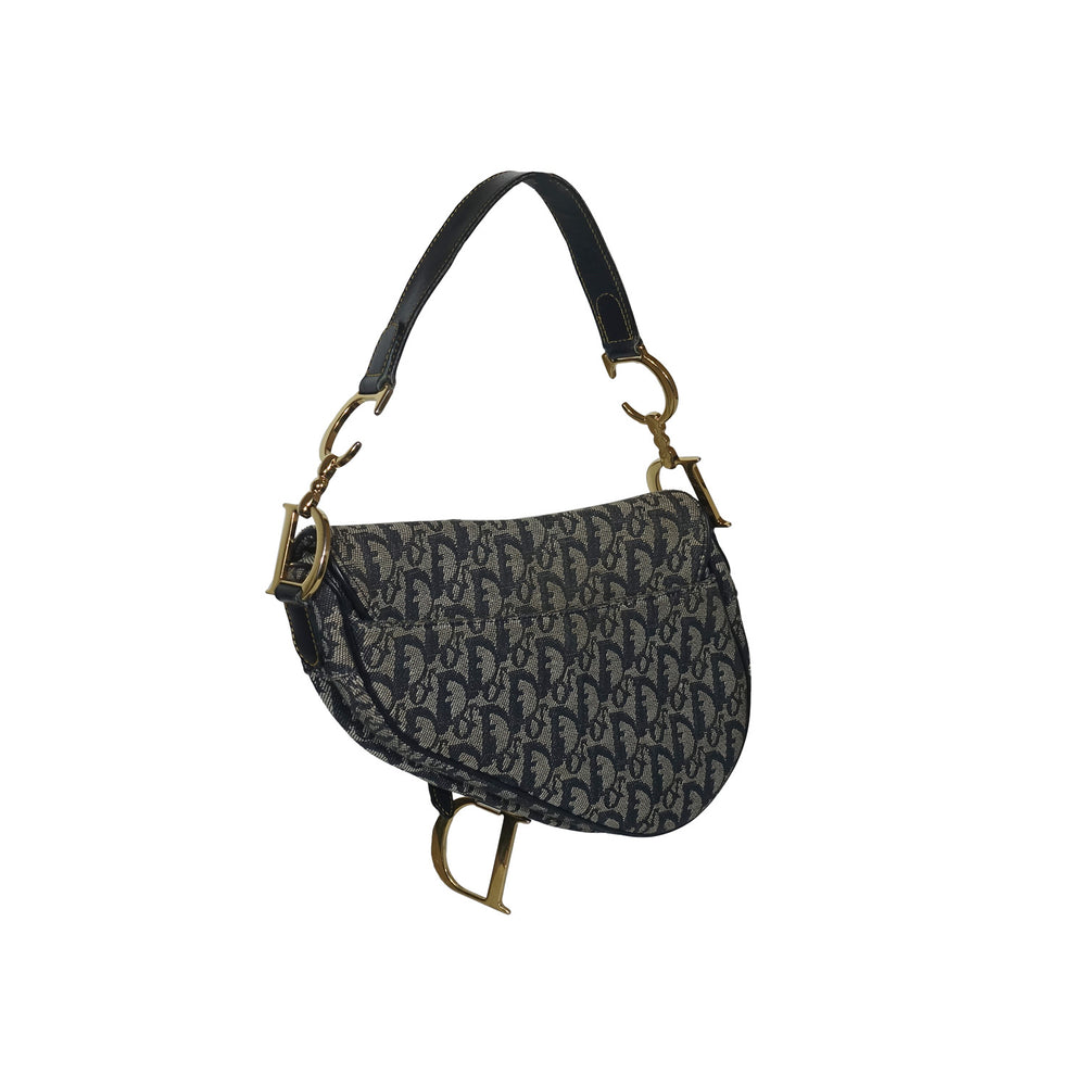 Christian Dior Navy Monogram Canvas Saddle Bag with Gold Hardware.