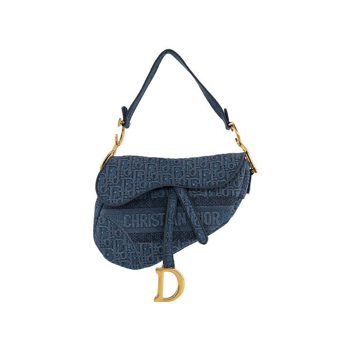 Dior Oblique Denim Saddle Bag Blue Gold Hardware