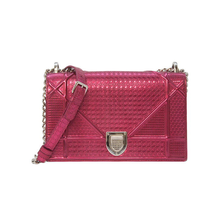 Dior Medium Diorama Flap Bag Metallic Fuchsia Red Perforated Cannage Silver Hardware