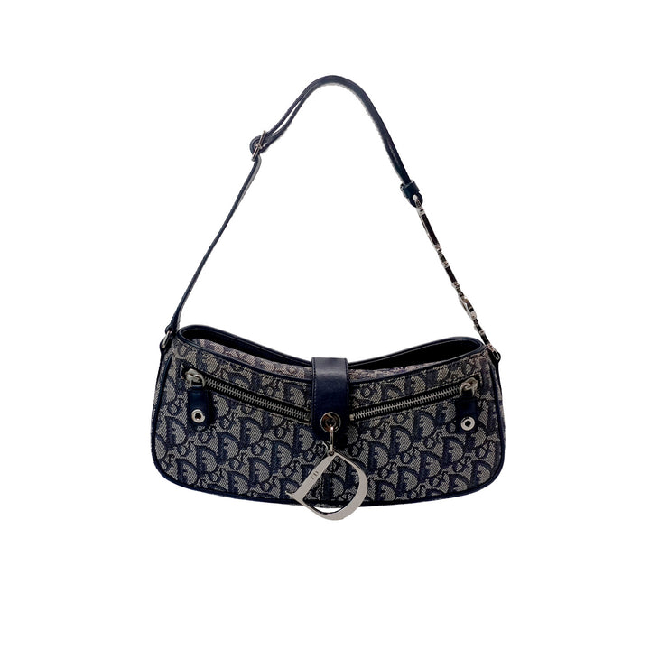 Front of the Dior Vintage Oblique Trotter Baguette Bag with D Charm Navy Blue Canvas.