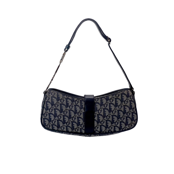 Back of the Dior Vintage Oblique Trotter Baguette Bag with D Charm Navy Blue Canvas.