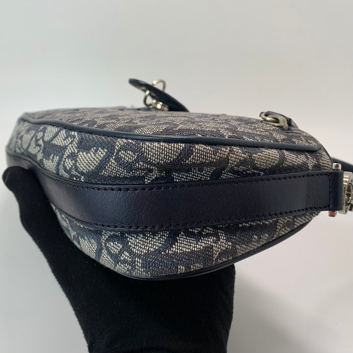 Dior Vintage Oblique Trotter Baguette Bag with D Charm Navy Blue Canvas
