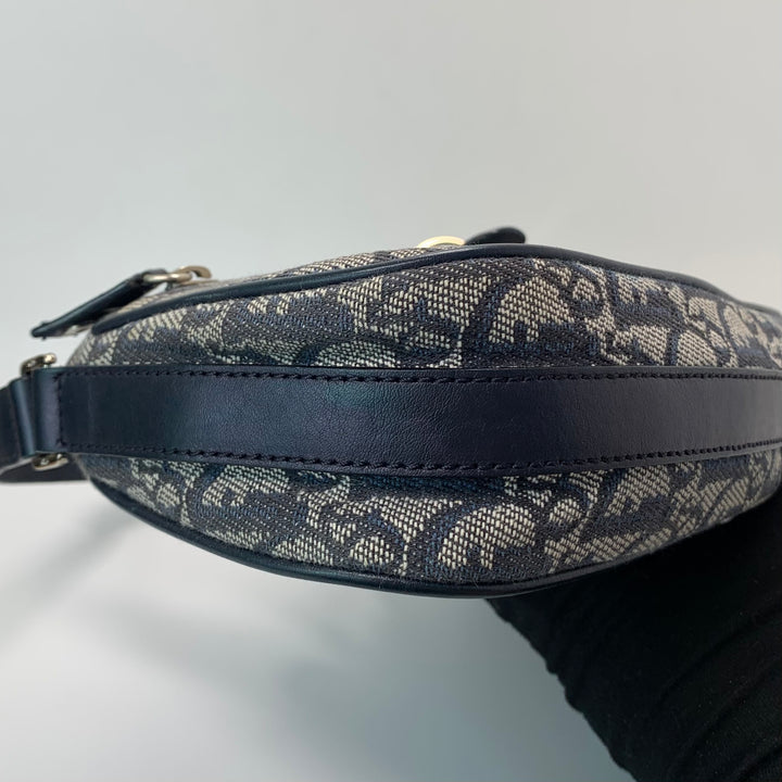 Dior Vintage Oblique Trotter Baguette Bag with D Charm Navy Blue Canvas
