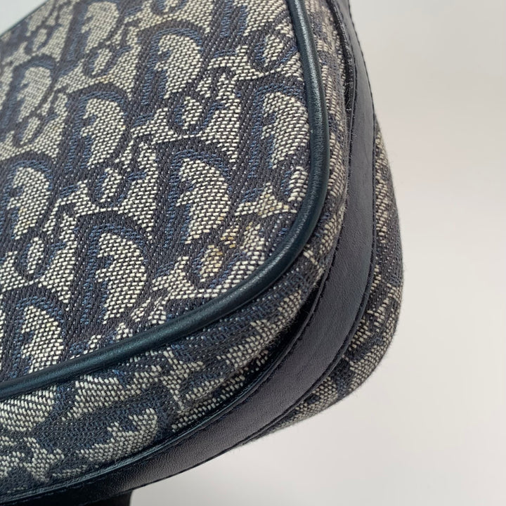 Dior Vintage Oblique Trotter Baguette Bag with D Charm Navy Blue Canvas