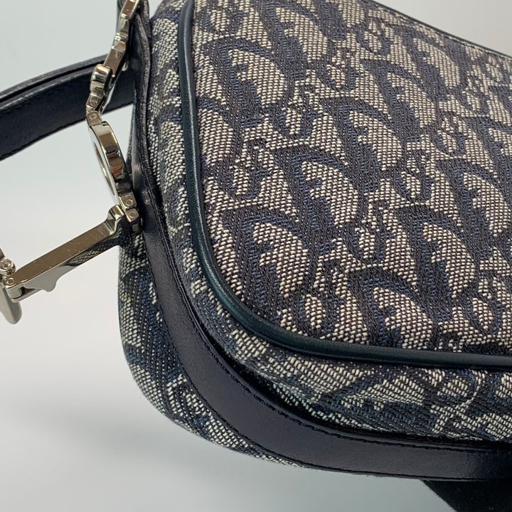 Dior Vintage Oblique Trotter Baguette Bag with D Charm Navy Blue Canvas