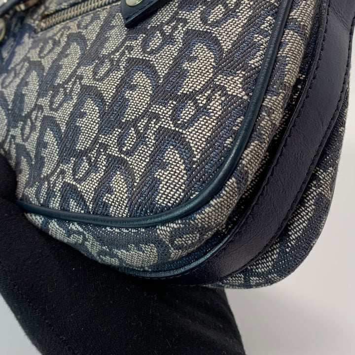 Dior Vintage Oblique Trotter Baguette Bag with D Charm Navy Blue Canvas