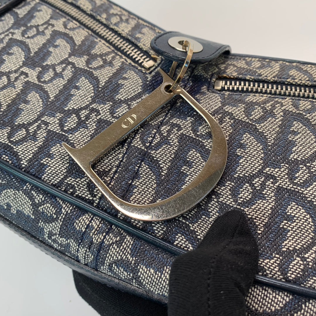 Dior Vintage Oblique Trotter Baguette Bag with D Charm Navy Blue Canvas