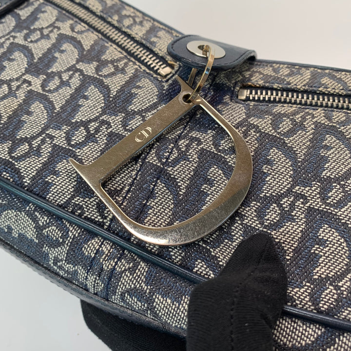 Dior Vintage Oblique Trotter Baguette Bag with D Charm Navy Blue Canvas