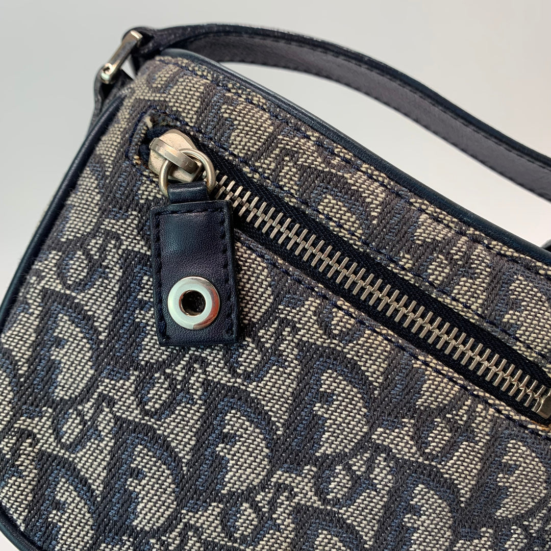 Dior Vintage Oblique Trotter Baguette Bag with D Charm Navy Blue Canvas