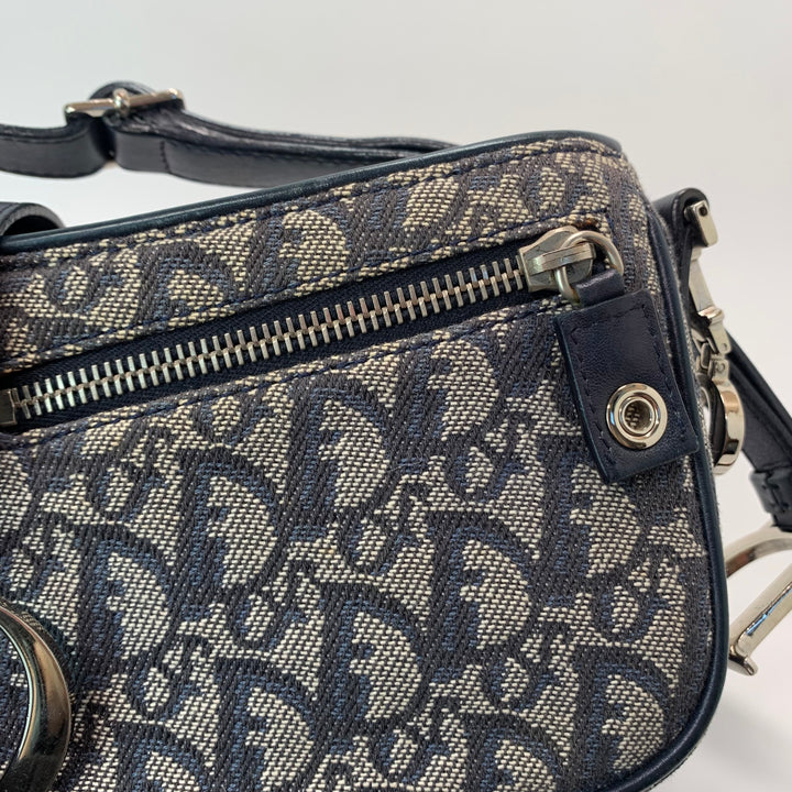 Dior Vintage Oblique Trotter Baguette Bag with D Charm Navy Blue Canvas