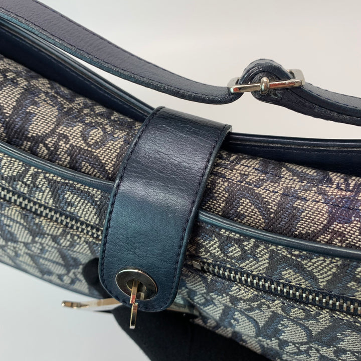Dior Vintage Oblique Trotter Baguette Bag with D Charm Navy Blue Canvas