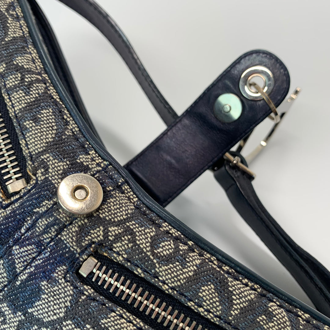 Dior Vintage Oblique Trotter Baguette Bag with D Charm Navy Blue Canvas