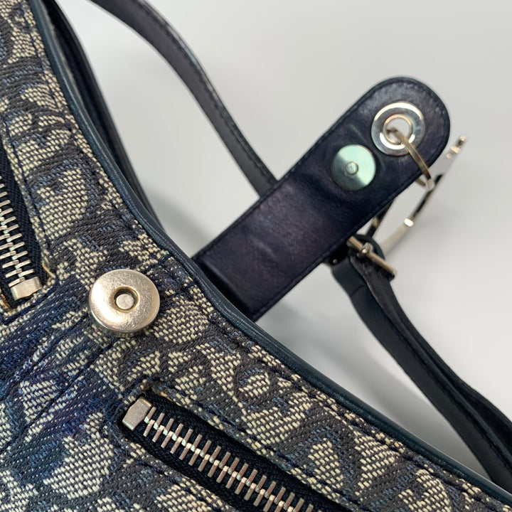 Dior Vintage Oblique Trotter Baguette Bag with D Charm Navy Blue Canvas