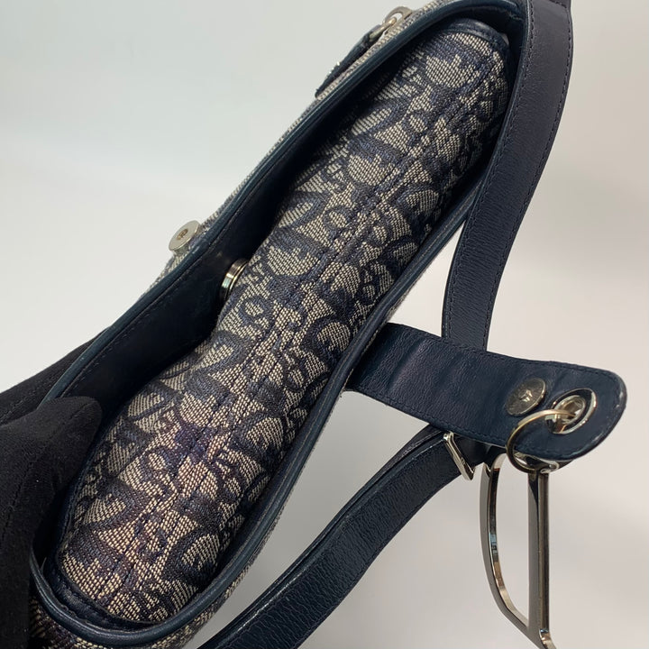 Dior Vintage Oblique Trotter Baguette Bag with D Charm Navy Blue Canvas