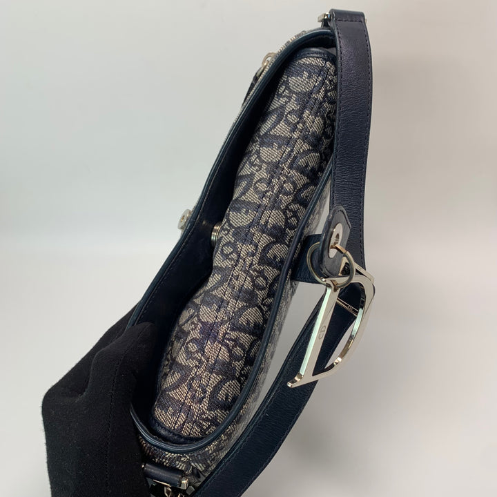 Dior Vintage Oblique Trotter Baguette Bag with D Charm Navy Blue Canvas