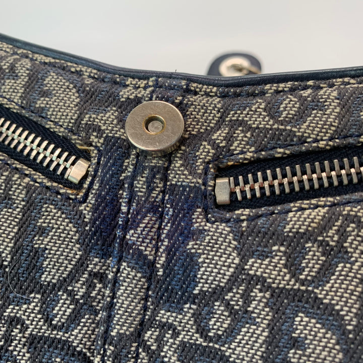Dior Vintage Oblique Trotter Baguette Bag with D Charm Navy Blue Canvas