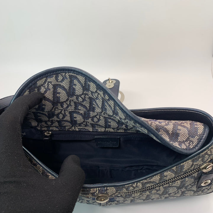 Dior Vintage Oblique Trotter Baguette Bag with D Charm Navy Blue Canvas