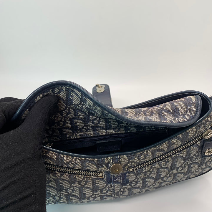 Dior Vintage Oblique Trotter Baguette Bag with D Charm Navy Blue Canvas