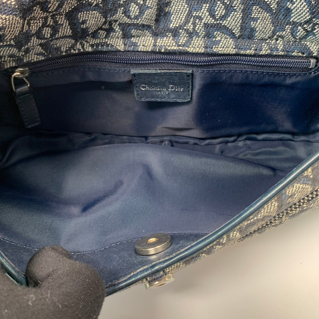Dior Vintage Oblique Trotter Baguette Bag with D Charm Navy Blue Canvas