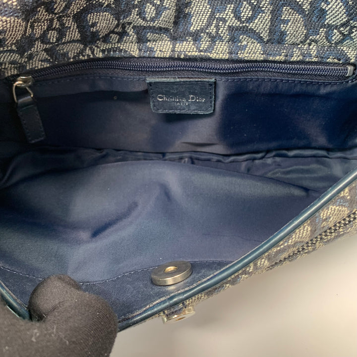 Dior Vintage Oblique Trotter Baguette Bag with D Charm Navy Blue Canvas